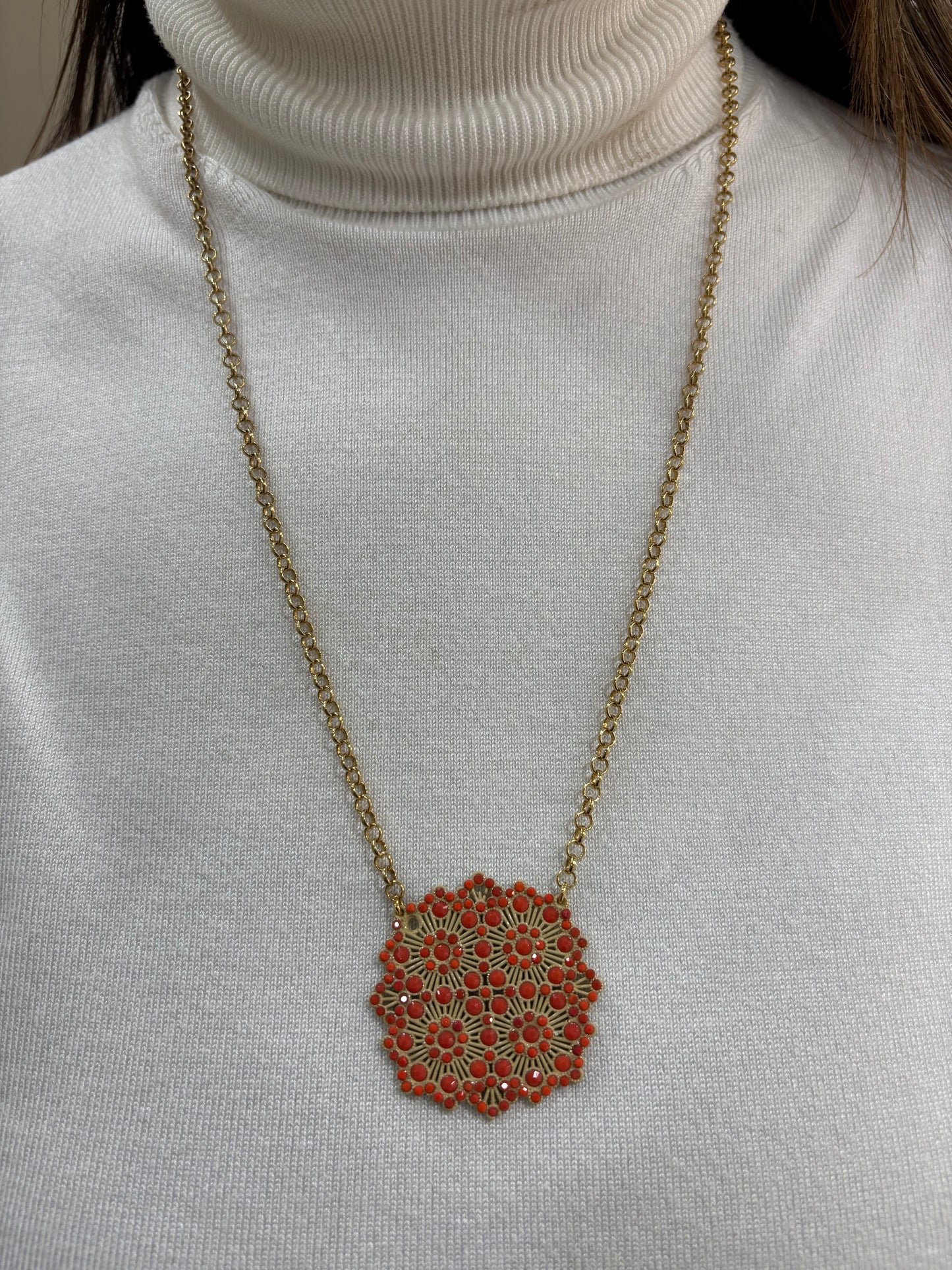 Collana LaGriffe Dorata Con Swarovski Rosso Corallo