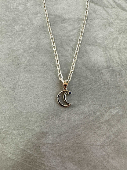 Collana Uomo Donna Dodo Mariani In Argento e Oro 9kt Con Ciondolo Luna e Zaffiro Blu