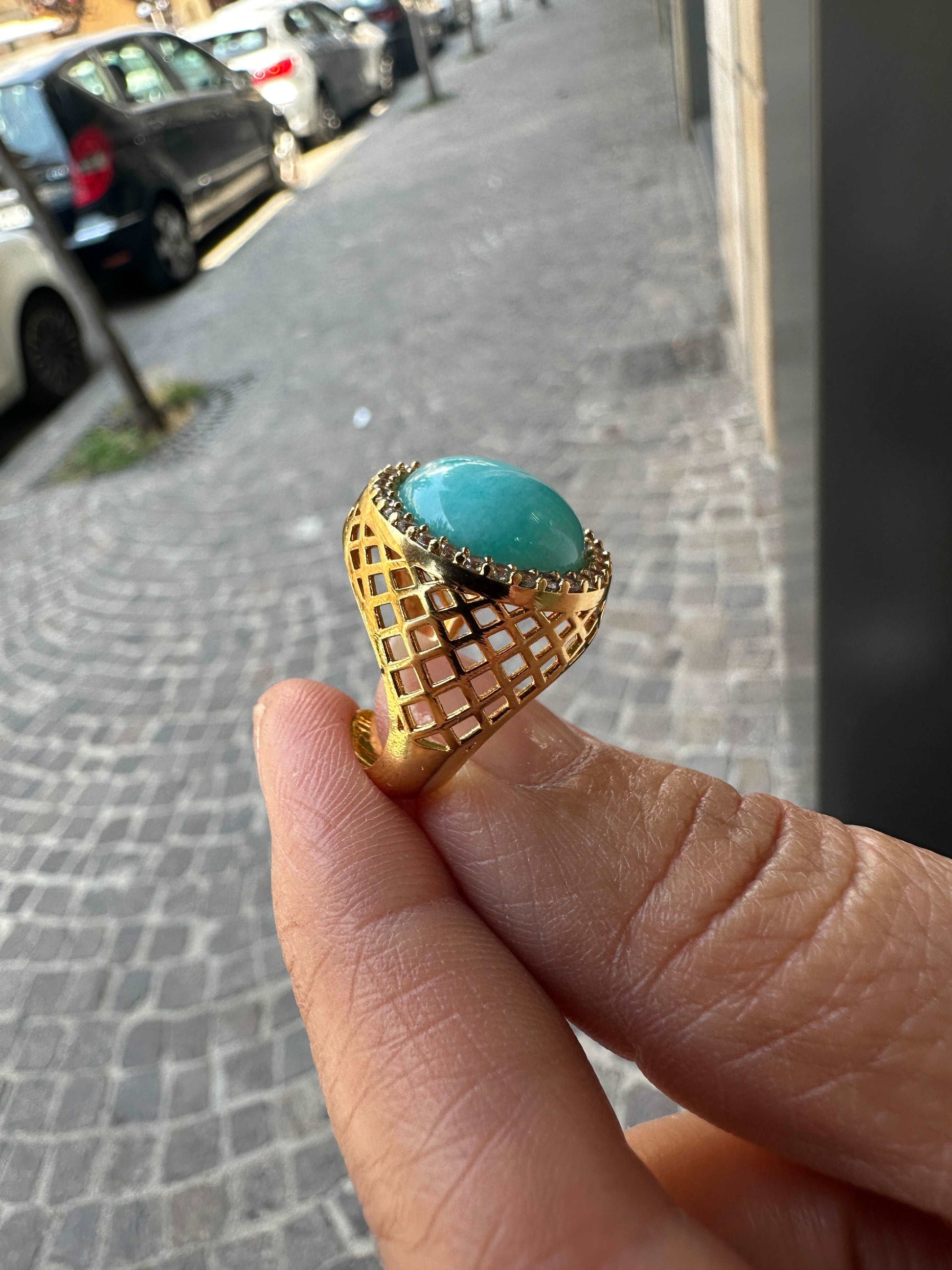 Anello Regolabile Con Pietra Turchese e Zirconi